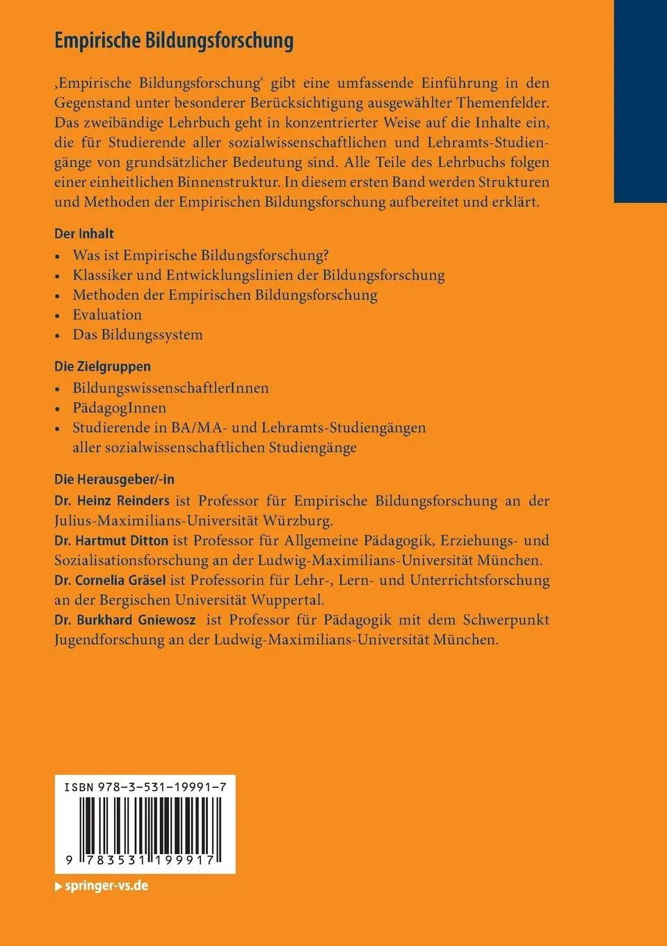 Rückseite: 9783531199917 | Empirische Bildungsforschung | Strukturen und Methoden | Taschenbuch