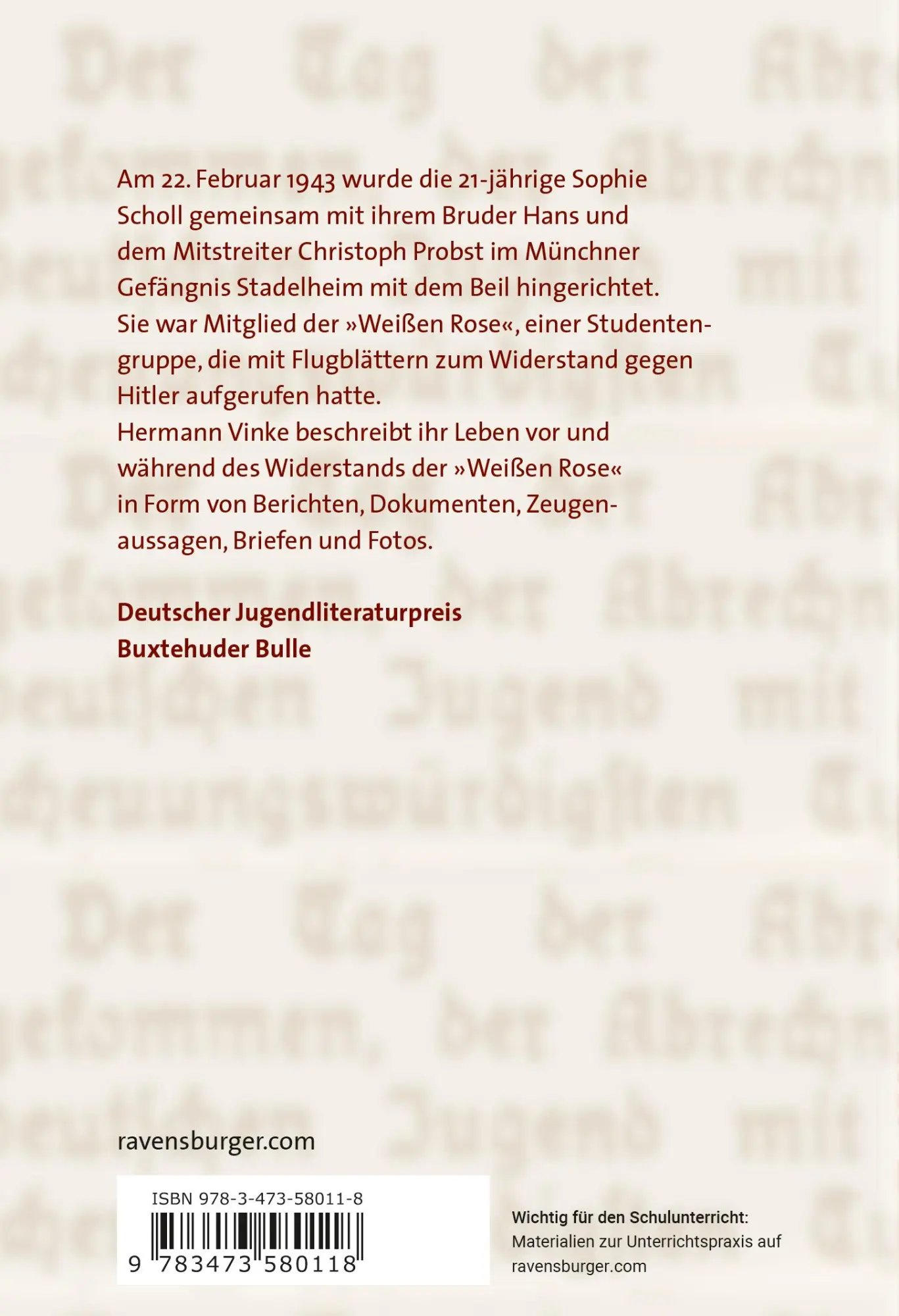 Rückseite: 9783473580118 | Das kurze Leben der Sophie Scholl | Hermann Vinke | Taschenbuch | 1997