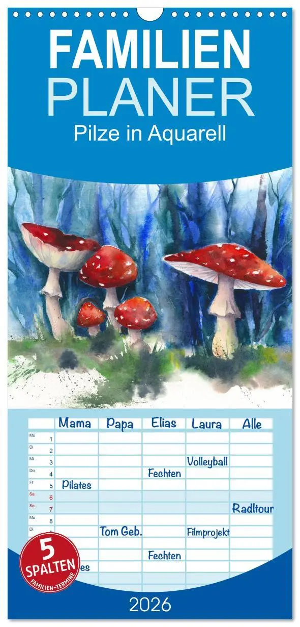Cover: 9783516510218 | Familienplaner 2026 - Pilze in Aquarell mit 5 Spalten...