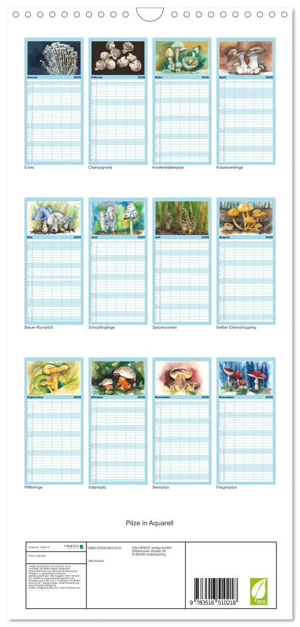 Bild: 9783516510218 | Familienplaner 2026 - Pilze in Aquarell mit 5 Spalten...