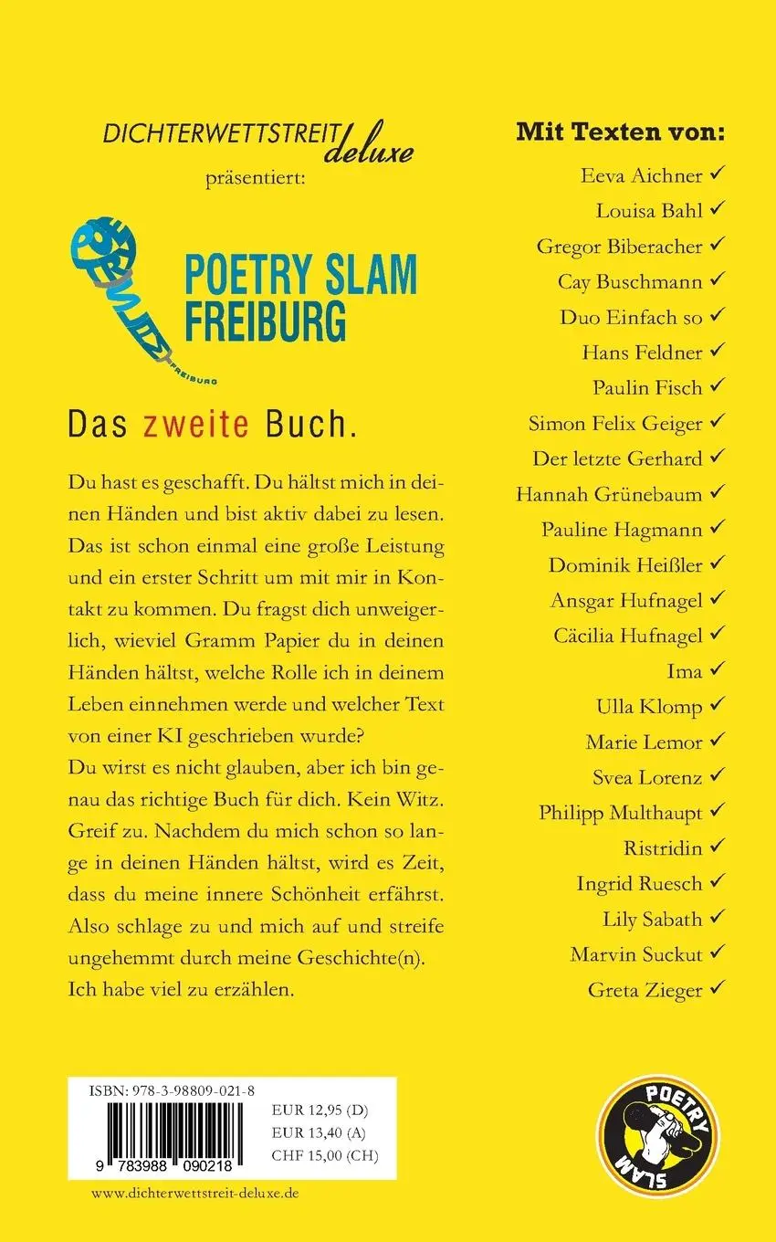 Rückseite: 9783988090218 | Poetry Slam Freiburg | Das zweite Buch. | Marvin Suckut (u. a.) | Buch