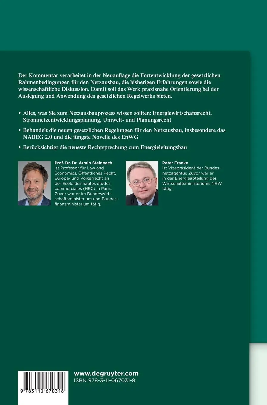 Rückseite: 9783110670318 | Kommentar zum Netzausbau | NABEG/EnLAG/EnWG/BBPlG/PflZV/WindSeeG