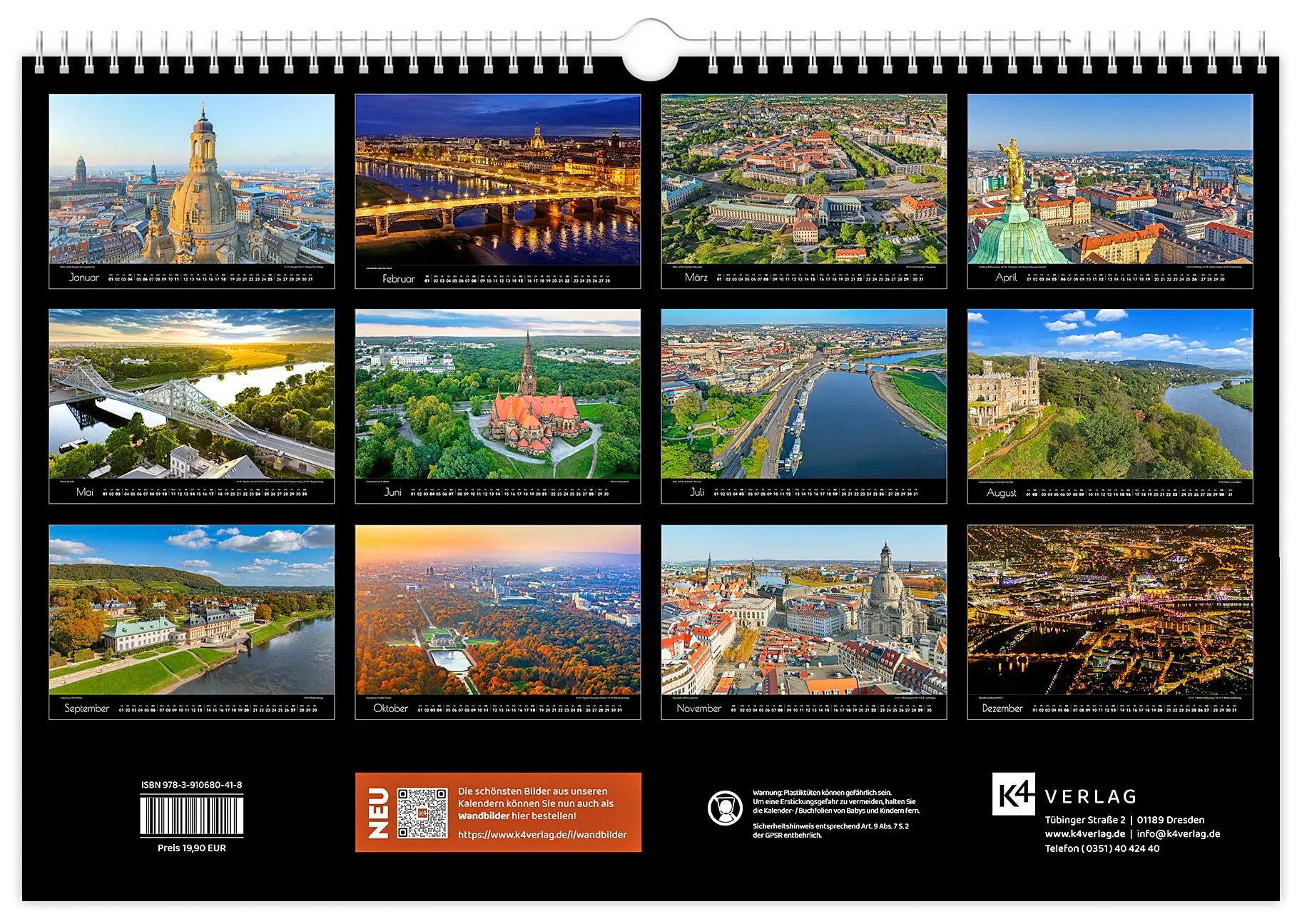 Bild: 9783910680418 | Kalender Dresden Luftaufnahmen 2026 | 45 x 30 cm schwarzes Kalendarium