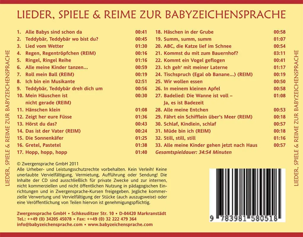 Rückseite: 9783981580518 | Lieder, Spiele &amp; Reime zur Babyzeichensprache | Vivian König | CD
