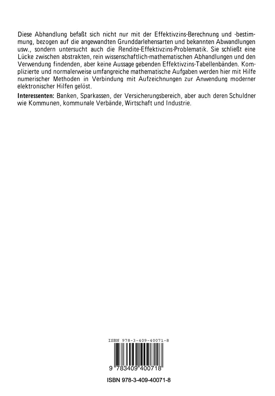 Rückseite: 9783409400718 | Die Effektivverzinsung | Methoden und Muster für Taschenrechner | Buch