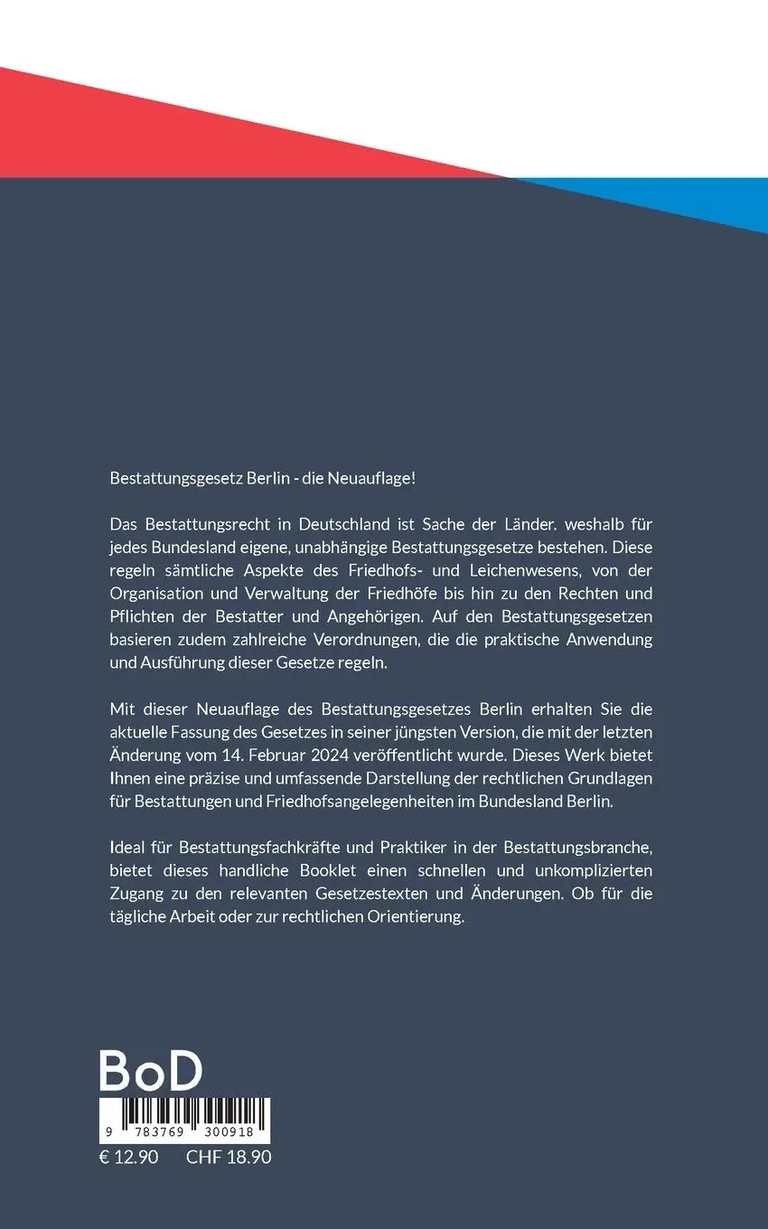 Rückseite: 9783769300918 | Berliner Bestattungsgesetz | Gesetzesstand: 14. Februar 2024 | Götz