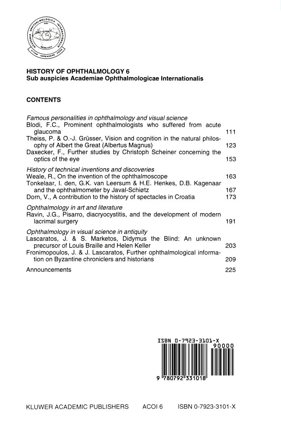 Rückseite: 9780792331018 | History of Ophthalmology | Harold E. Henkes | Taschenbuch | iv | 1994