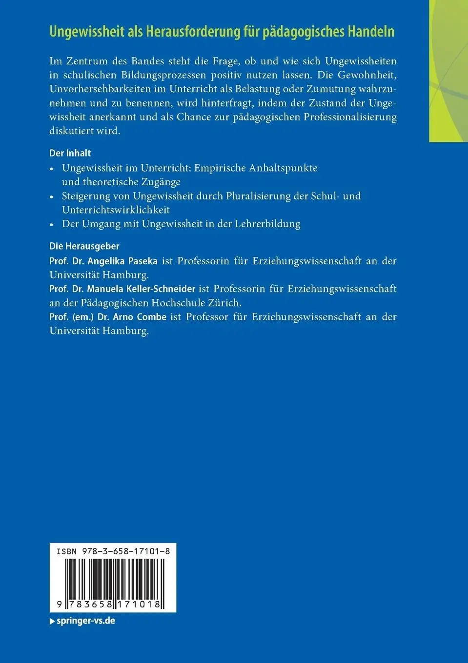 Rückseite: 9783658171018 | Ungewissheit als Herausforderung für pädagogisches Handeln | Buch | vi