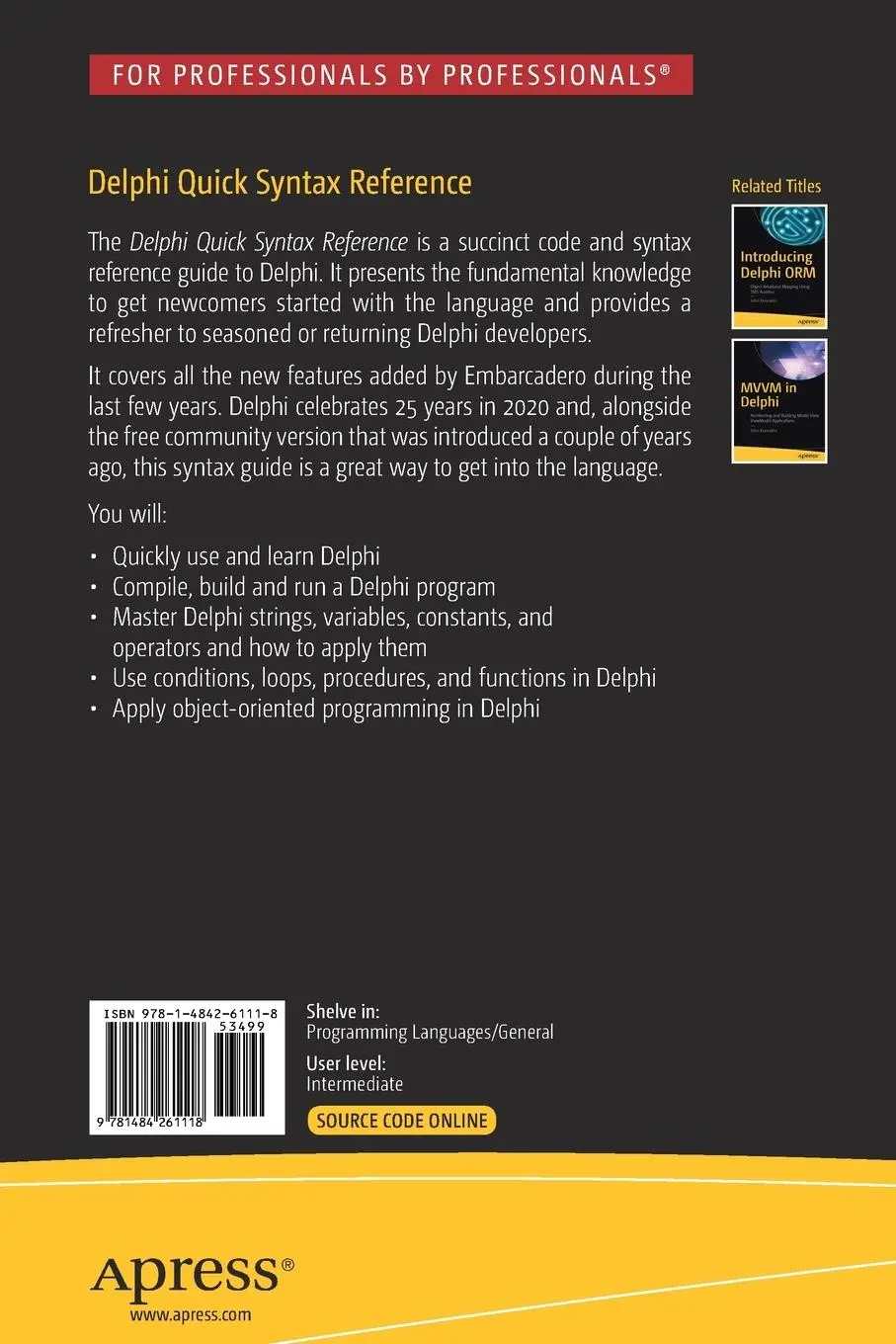Rückseite: 9781484261118 | Delphi Quick Syntax Reference | John Kouraklis | Taschenbuch | xiv
