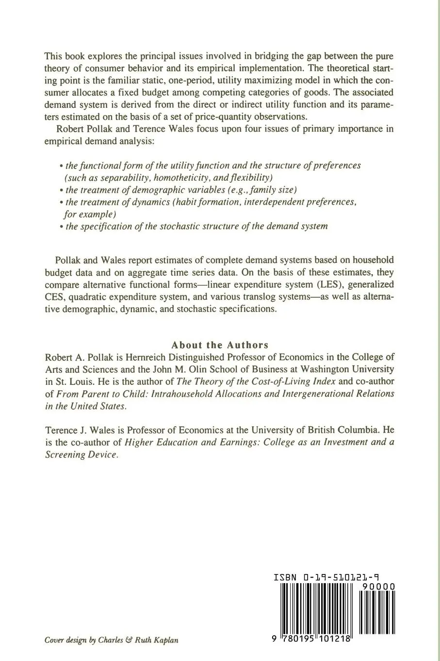 Rückseite: 9780195101218 | Demand System Specification and Estimation | Terence J. Wales (u. a.)