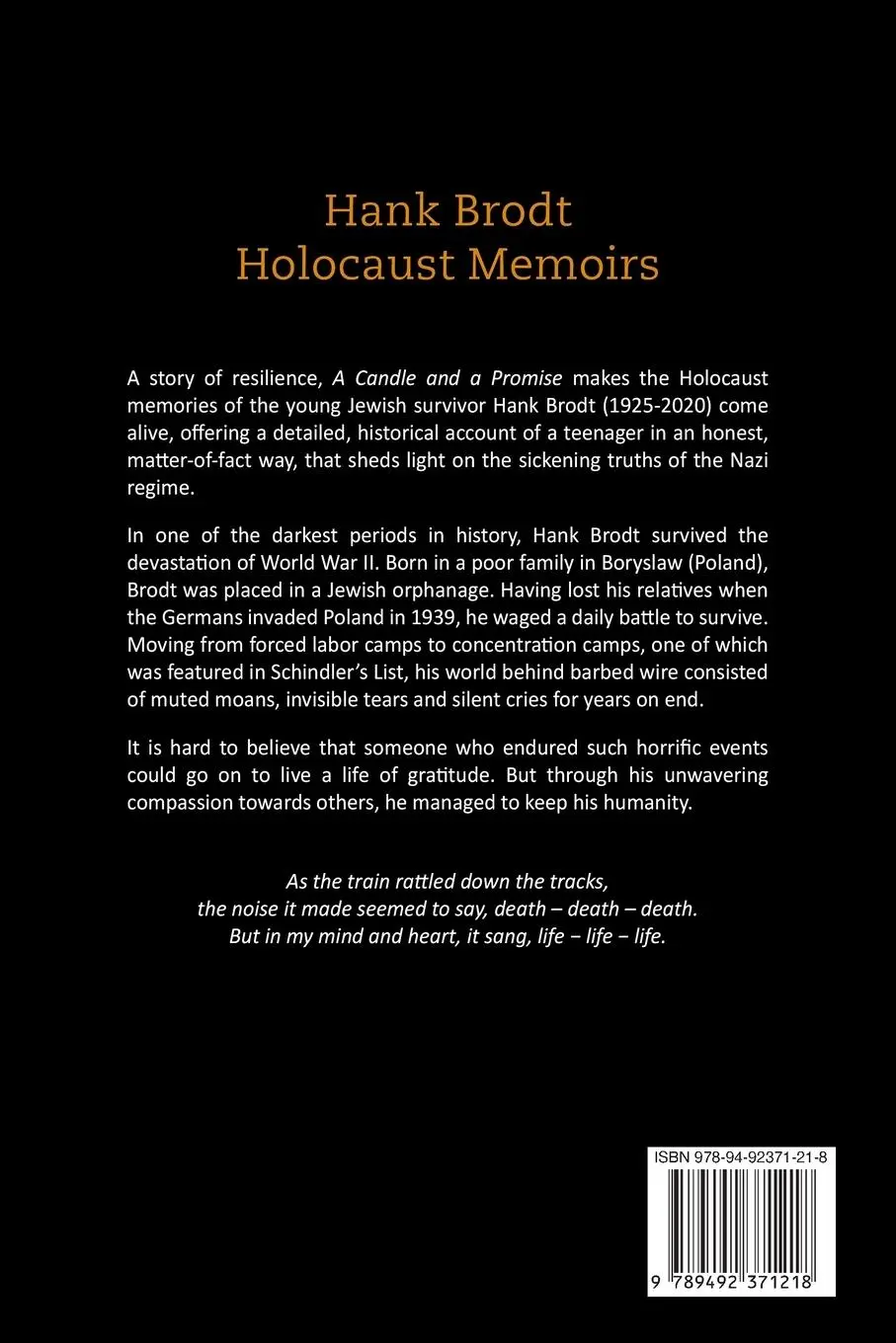 Rückseite: 9789492371218 | Hank Brodt Holocaust Memoirs | A Candle and a Promise | Donnelly