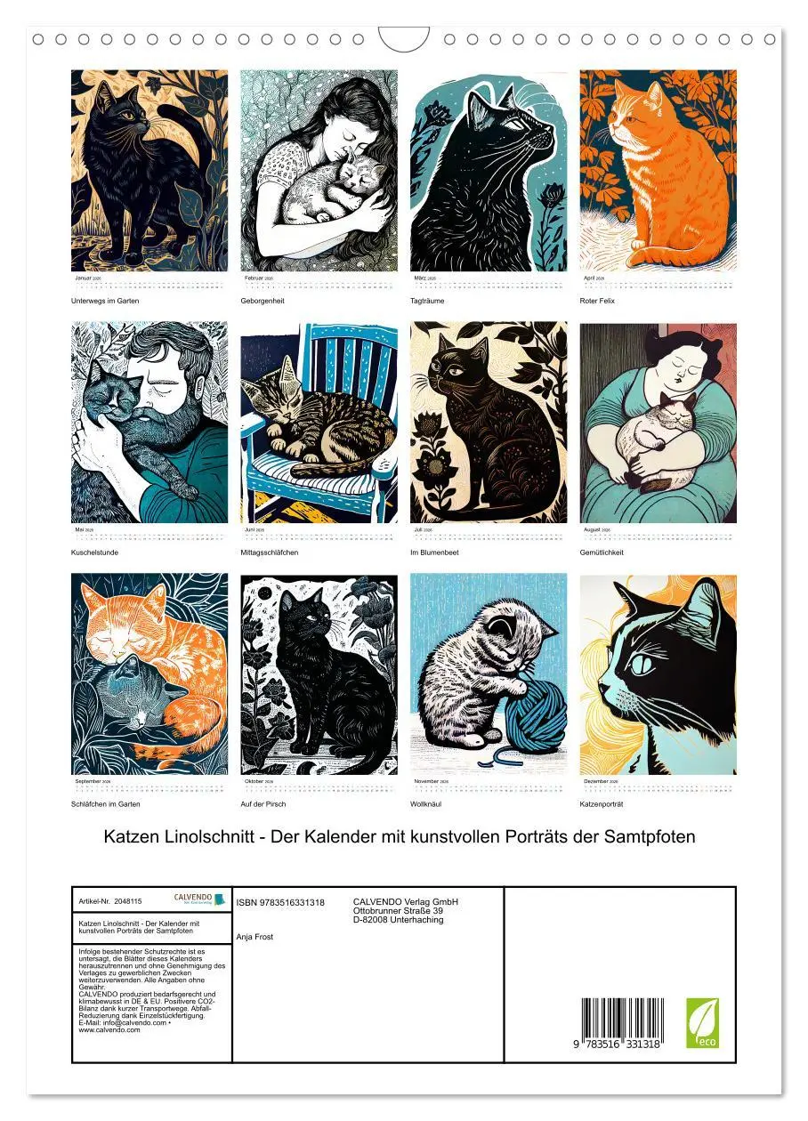 Bild: 9783516331318 | Katzen Linolschnitt - Der Kalender mit kunstvollen Porträts der...
