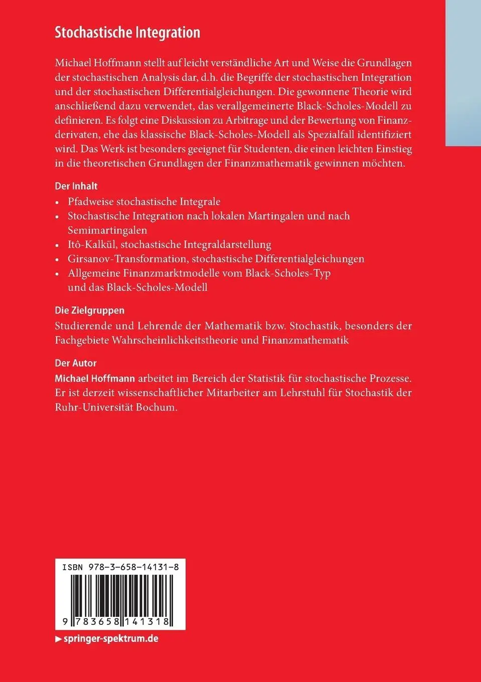Rückseite: 9783658141318 | Stochastische Integration | Eine Einführung in die Finanzmathematik