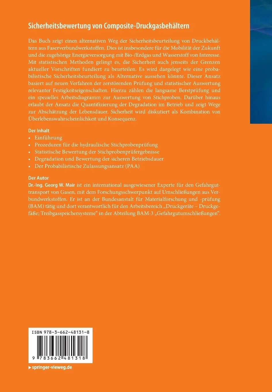 Rückseite: 9783662481318 | Sicherheitsbewertung von Composite-Druckgasbehältern | Georg W. Mair