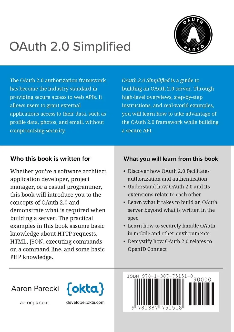 Rückseite: 9781387751518 | OAuth 2.0 Simplified | Aaron Parecki | Taschenbuch | Englisch | 2018