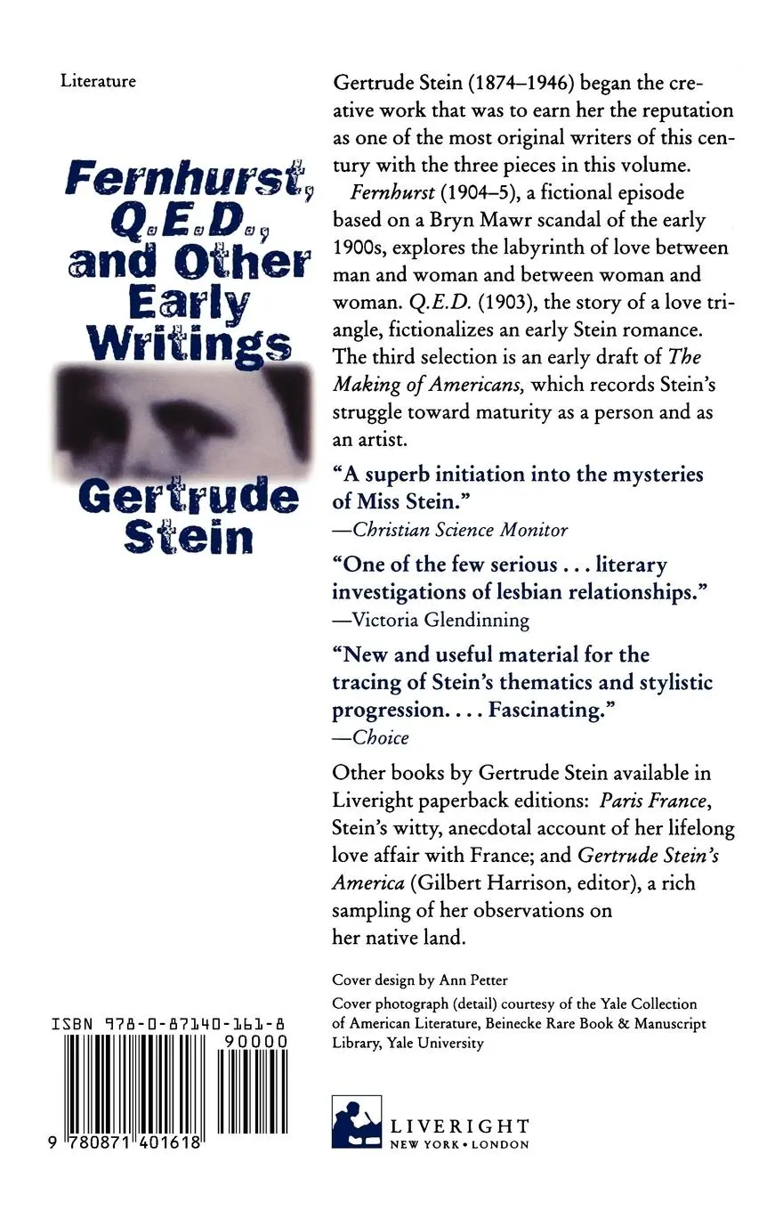 Rückseite: 9780871401618 | Fernhurst, Q.E.D. and Other Early Writings | Gertrude Stein | Buch