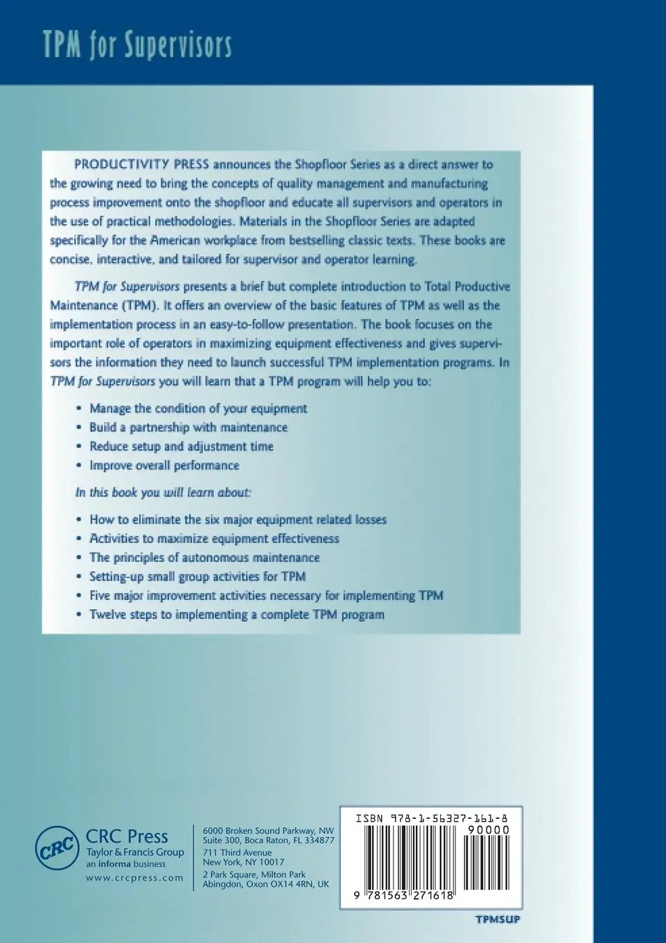 Rückseite: 9781563271618 | TPM for Supervisors | Productivity Press | Taschenbuch | Englisch