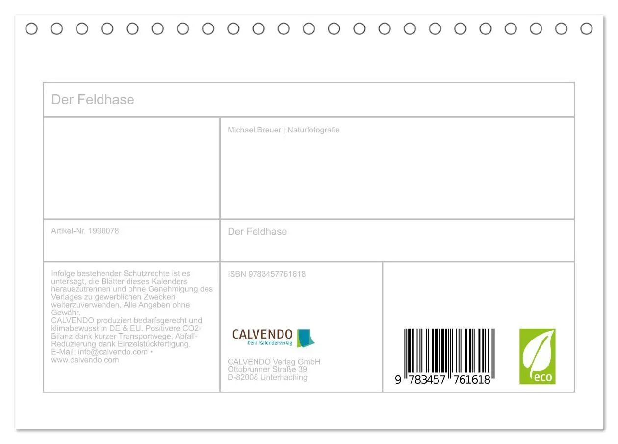 Bild: 9783457761618 | Der Feldhase (Tischkalender 2026 DIN A5 quer), CALVENDO Monatskalender