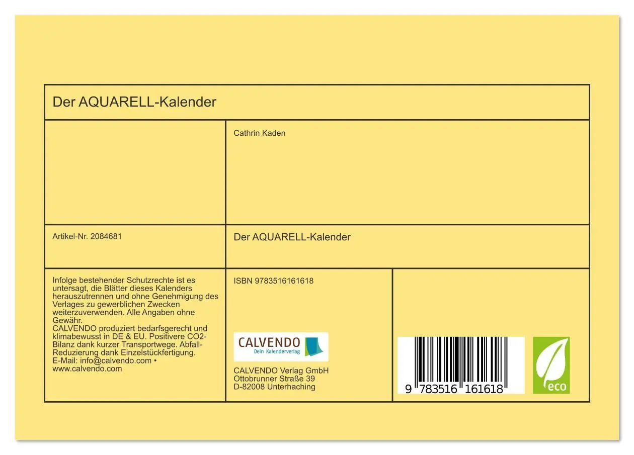 Bild: 9783516161618 | Der AQUARELL-Kalender (Tischkalender 2026 DIN A5 quer), CALVENDO...