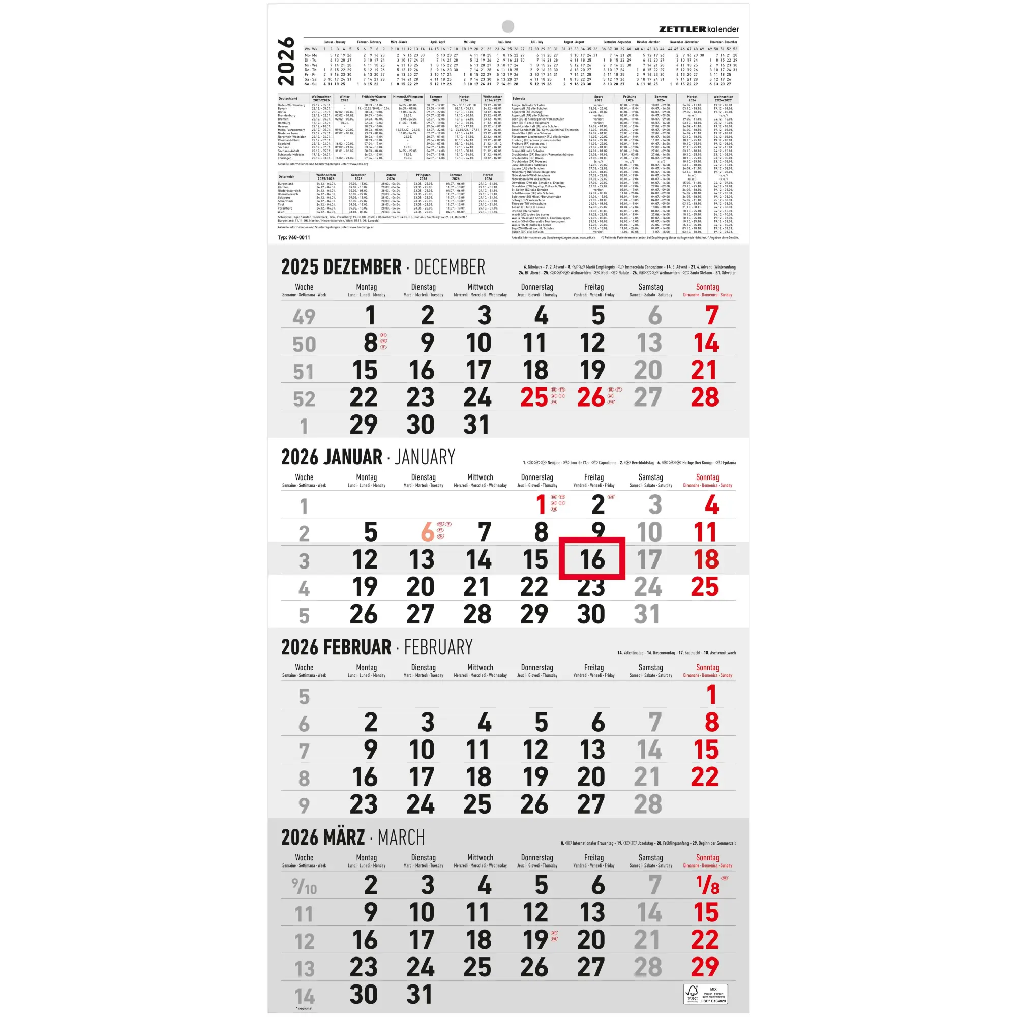 Cover: 4069095001718 | 4-Monatskalender 2026 - Büro-Kalender 30x49 cm (geöffnet) - mit...