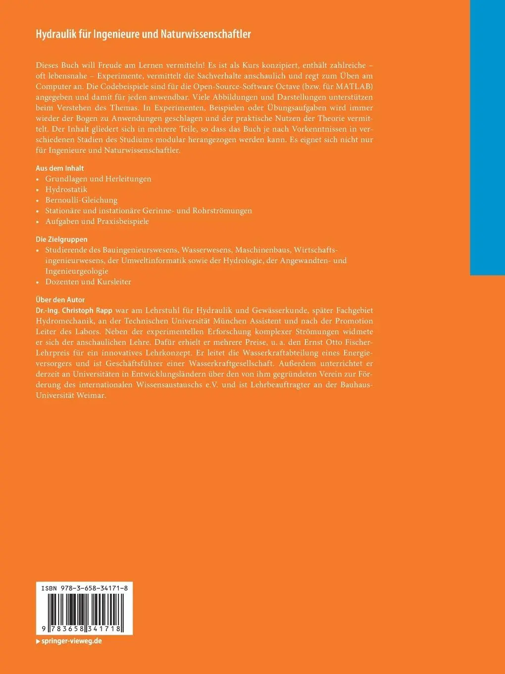 Rückseite: 9783658341718 | Hydraulik für Ingenieure und Naturwissenschaftler | Christoph Rapp