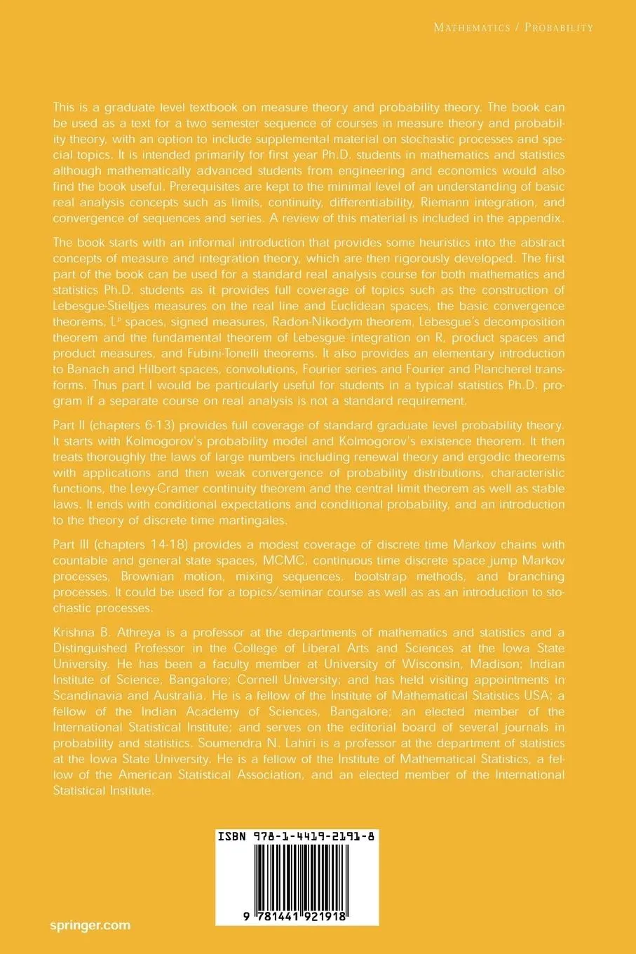 Rückseite: 9781441921918 | Measure Theory and Probability Theory | Soumendra N. Lahiri (u. a.)