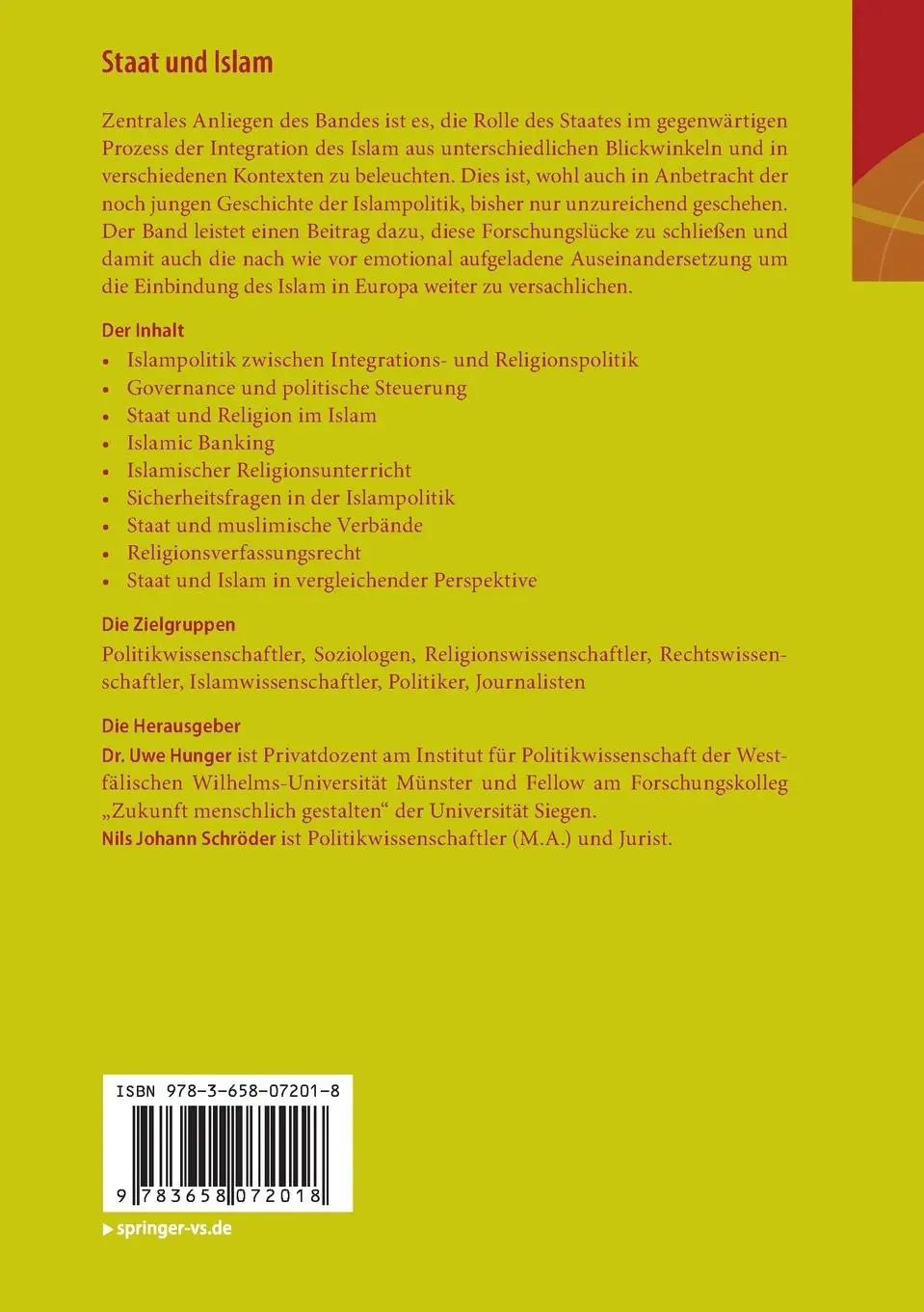 Rückseite: 9783658072018 | Staat und Islam | Interdisziplinäre Perspektiven | Uwe Hunger (u. a.)