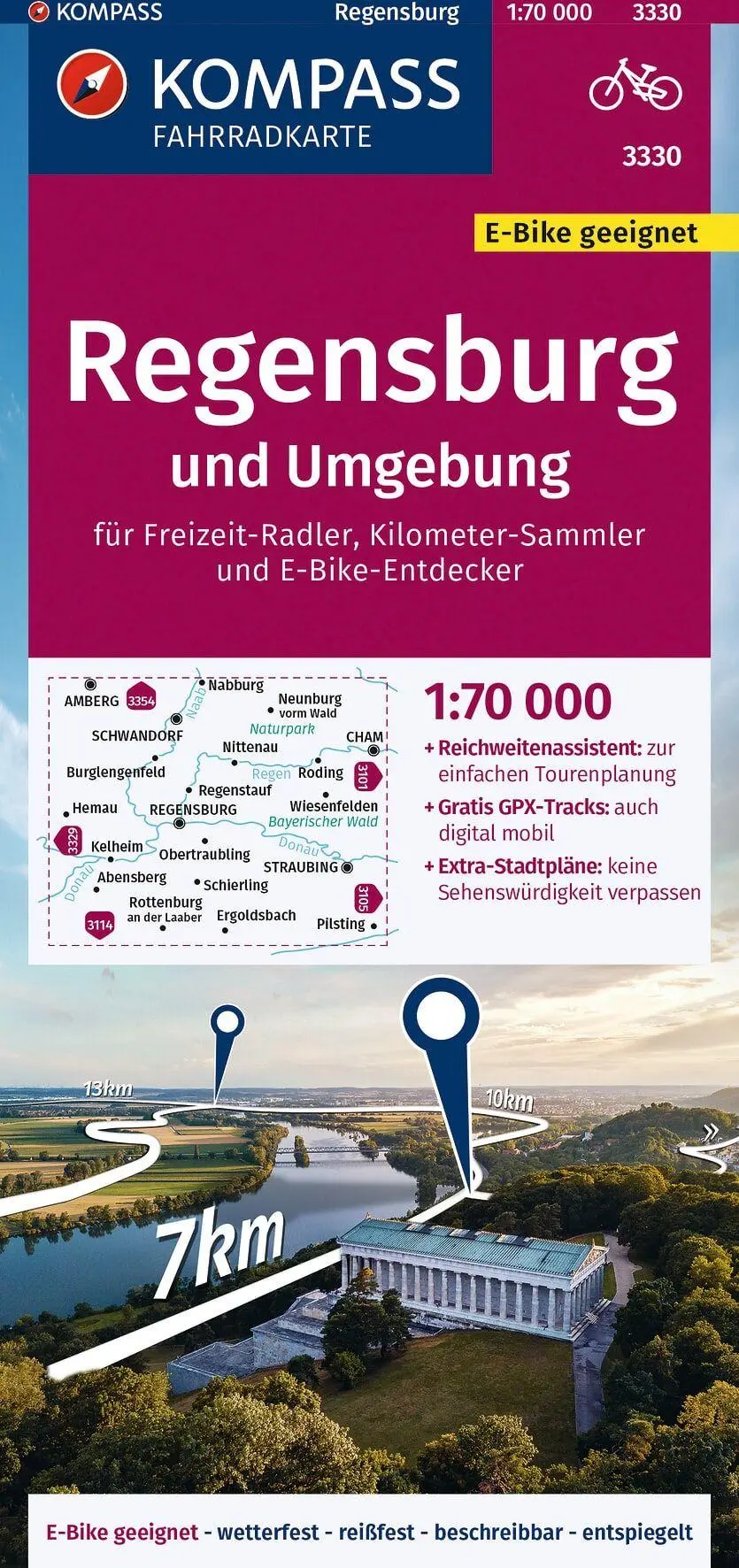 Cover: 9783991542018 | KOMPASS Fahrradkarte 3330 Regensburg und Umgebung 1:70.000 | 1 Karte