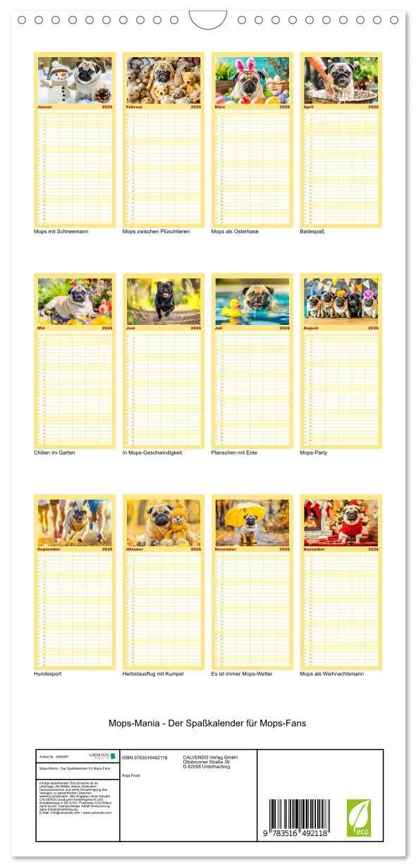Bild: 9783516492118 | Familienplaner 2026 - Mops-Mania - Der Spaßkalender für Mops-Fans...