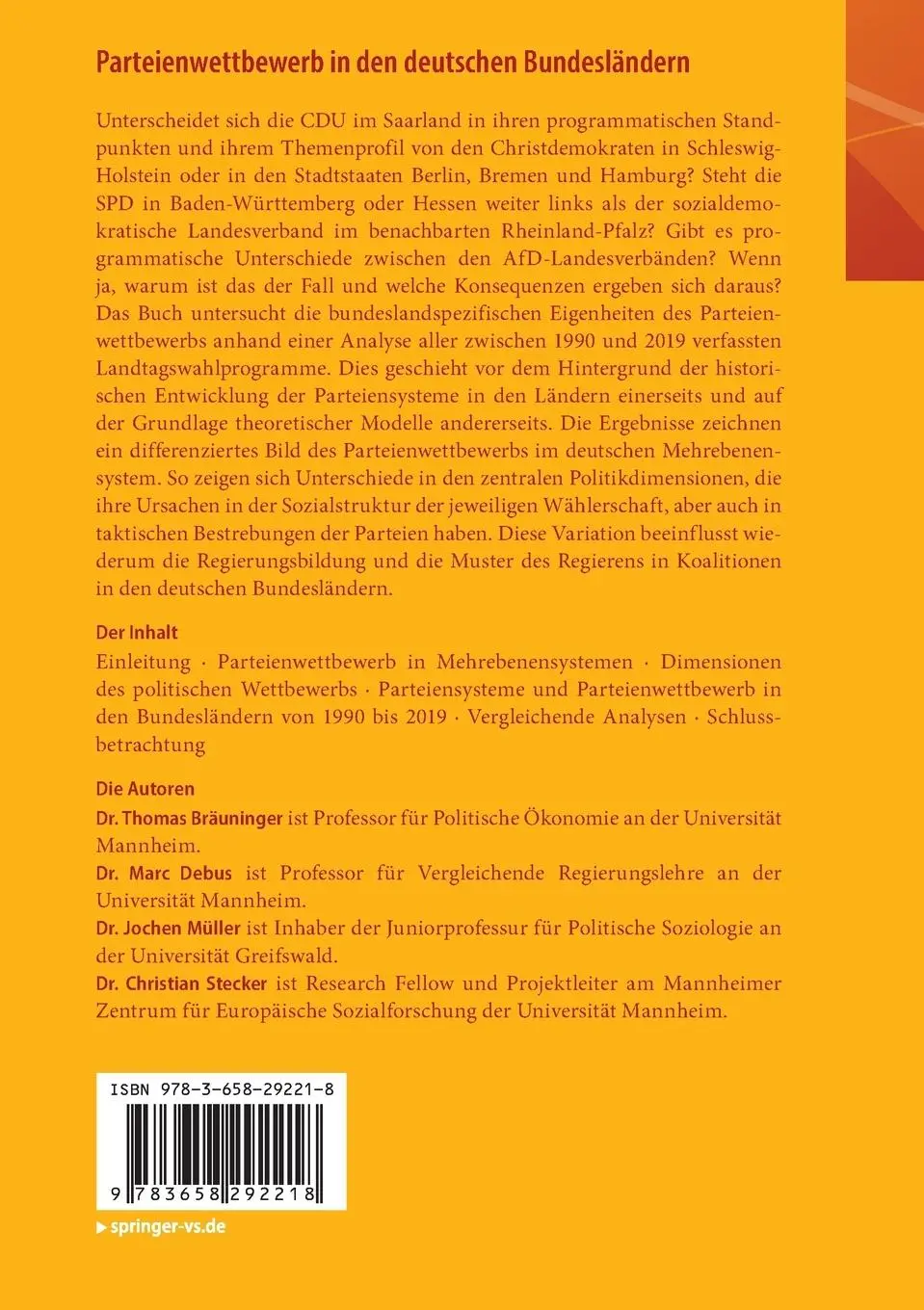 Rückseite: 9783658292218 | Parteienwettbewerb in den deutschen Bundesländern | Bräuninger (u. a.)