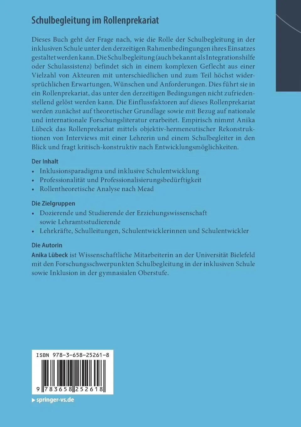 Rückseite: 9783658252618 | Schulbegleitung im Rollenprekariat | Anika Lübeck | Taschenbuch | ix