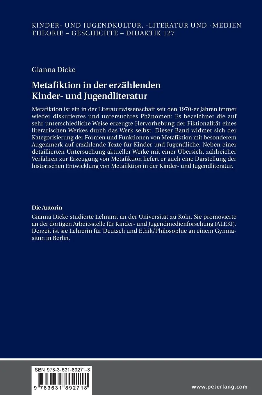 Rückseite: 9783631892718 | Metafiktion in der erzählenden Kinder- und Jugendliteratur | Dicke