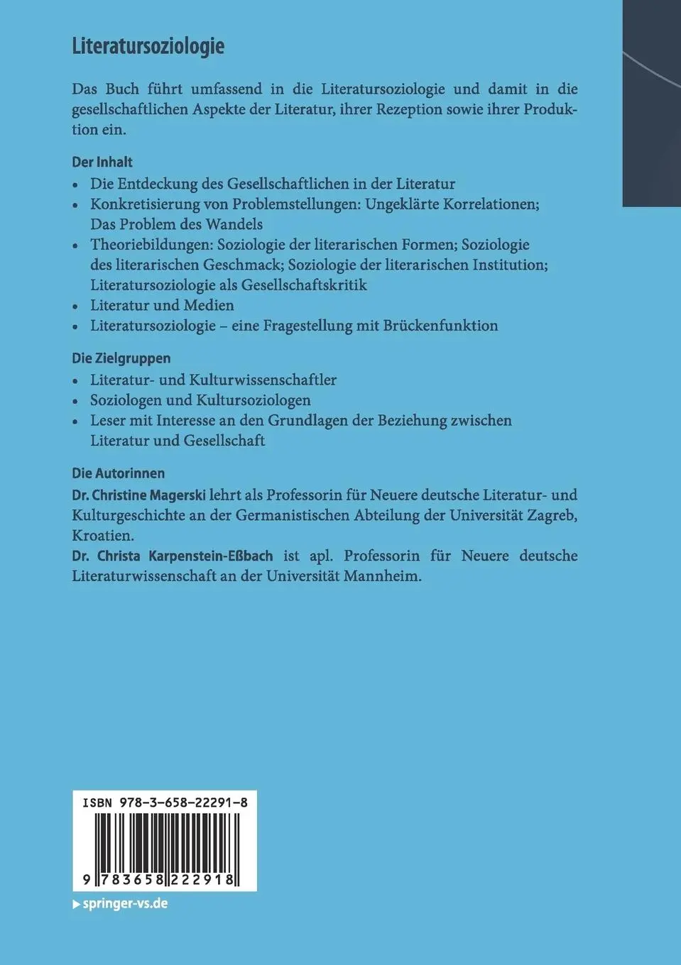 Rückseite: 9783658222918 | Literatursoziologie | Grundlagen, Problemstellungen und Theorien | vii