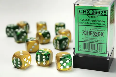 Cover: 601982023218 | Gemini® 16mm d6 Gold-Green/white Dice Block™ (12 dice) | deutsch