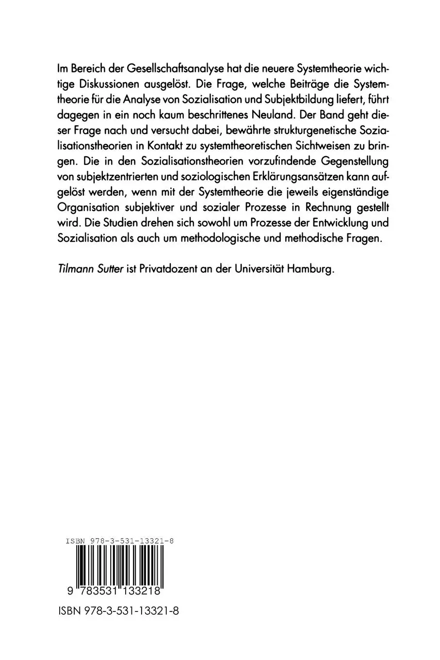Rückseite: 9783531133218 | Systeme und Subjektstrukturen | Tilmann Sutter | Taschenbuch | 312 S.