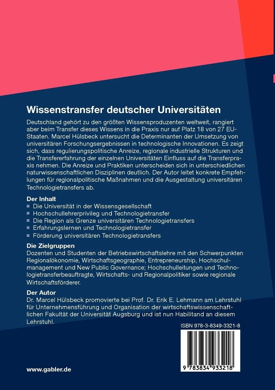 Rückseite: 9783834933218 | Wissenstransfer deutscher Universitäten | Marcel Hülsbeck | Buch | xvi