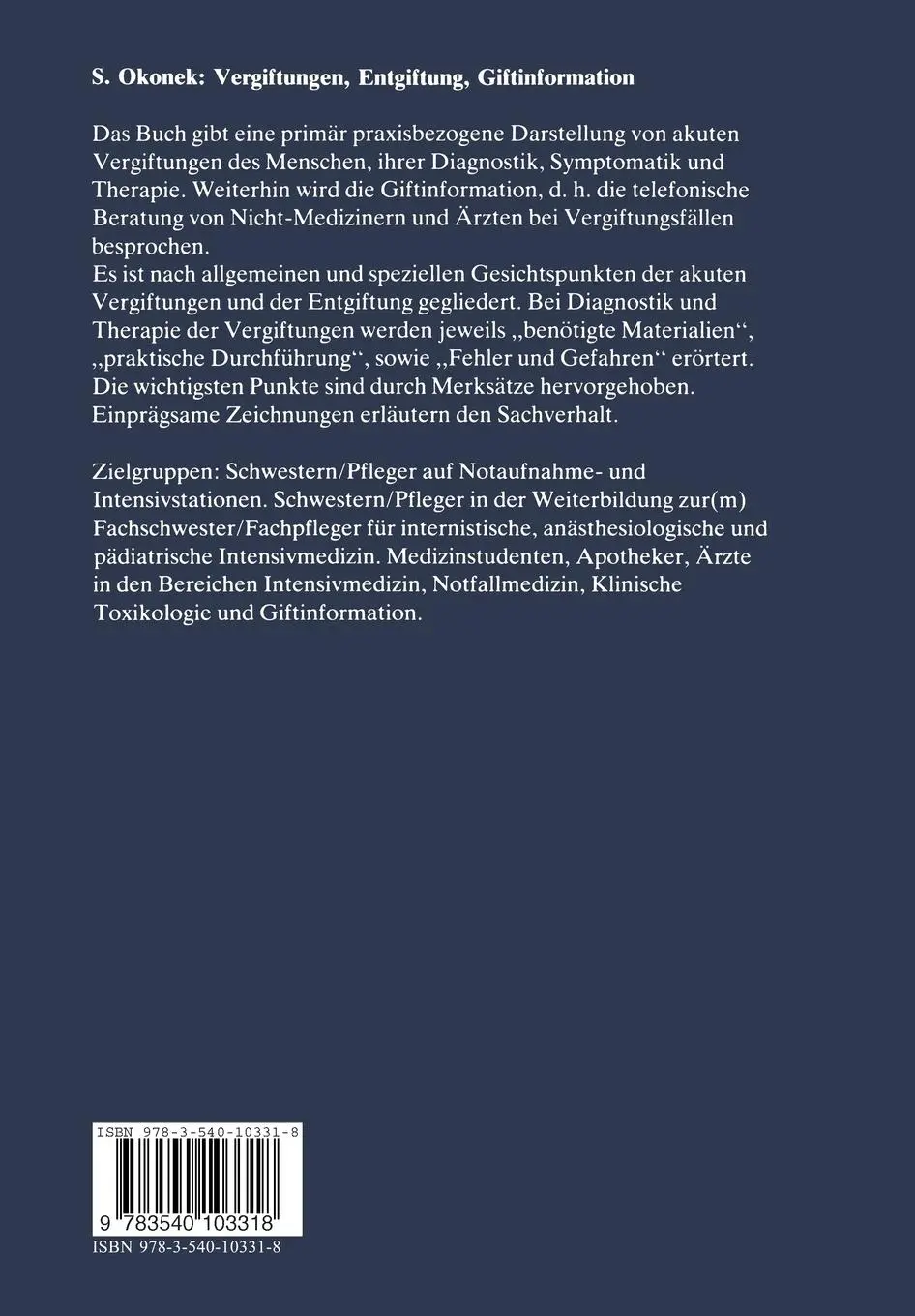 Rückseite: 9783540103318 | Vergiftungen Entgiftung Giftinformation | S. Okonek | Taschenbuch