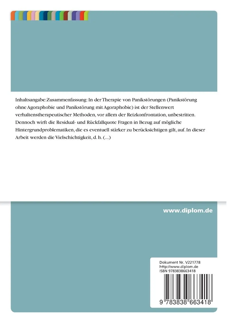 Rückseite: 9783838663418 | Möglichkeiten und Grenzen der Kunsttherapie in der Behandlung von...