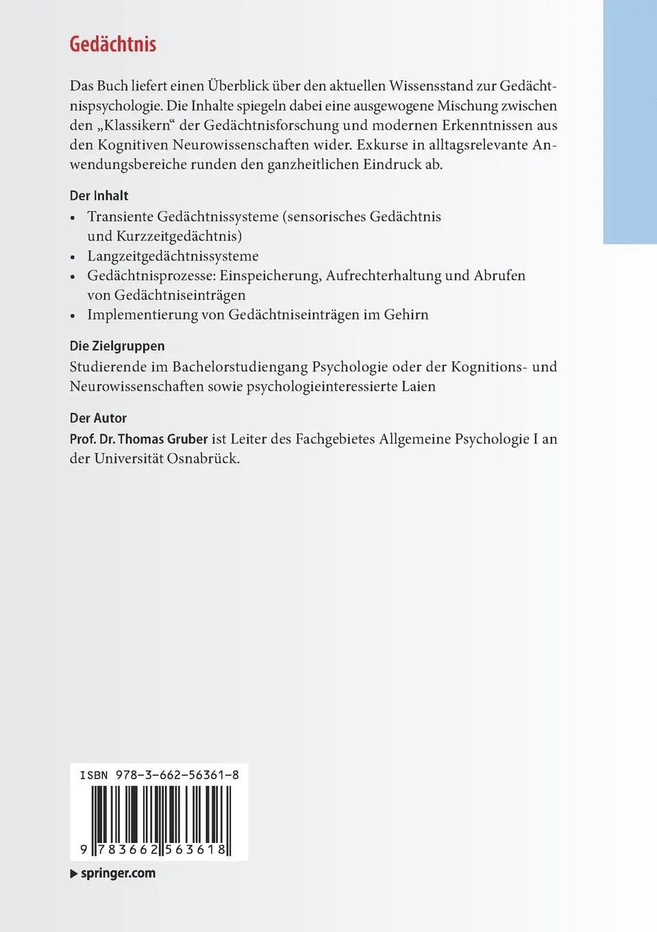Rückseite: 9783662563618 | Gedächtnis | Thomas Gruber | Taschenbuch | Basiswissen Psychologie | X