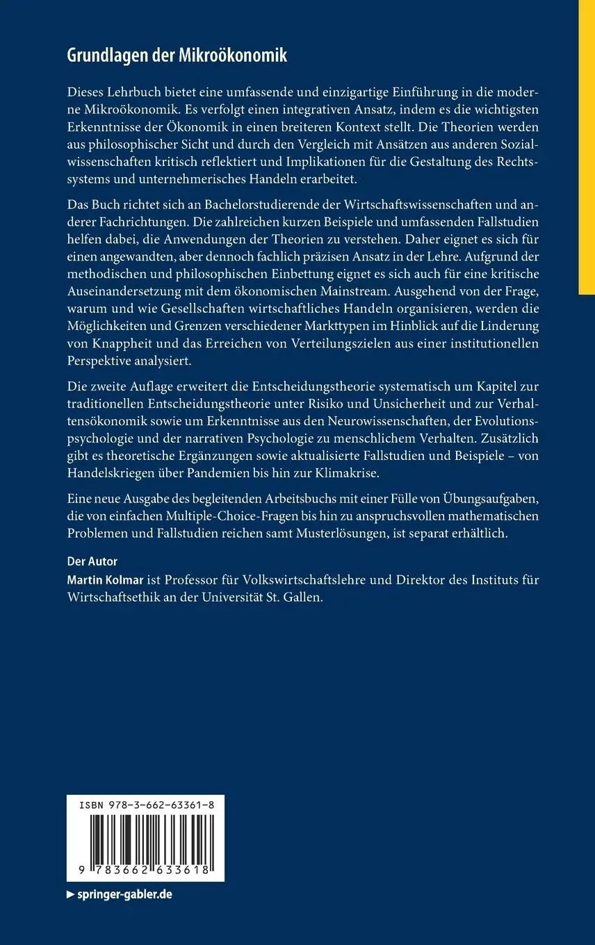 Rückseite: 9783662633618 | Grundlagen der Mikroökonomik | Ein integrativer Ansatz | Martin Kolmar