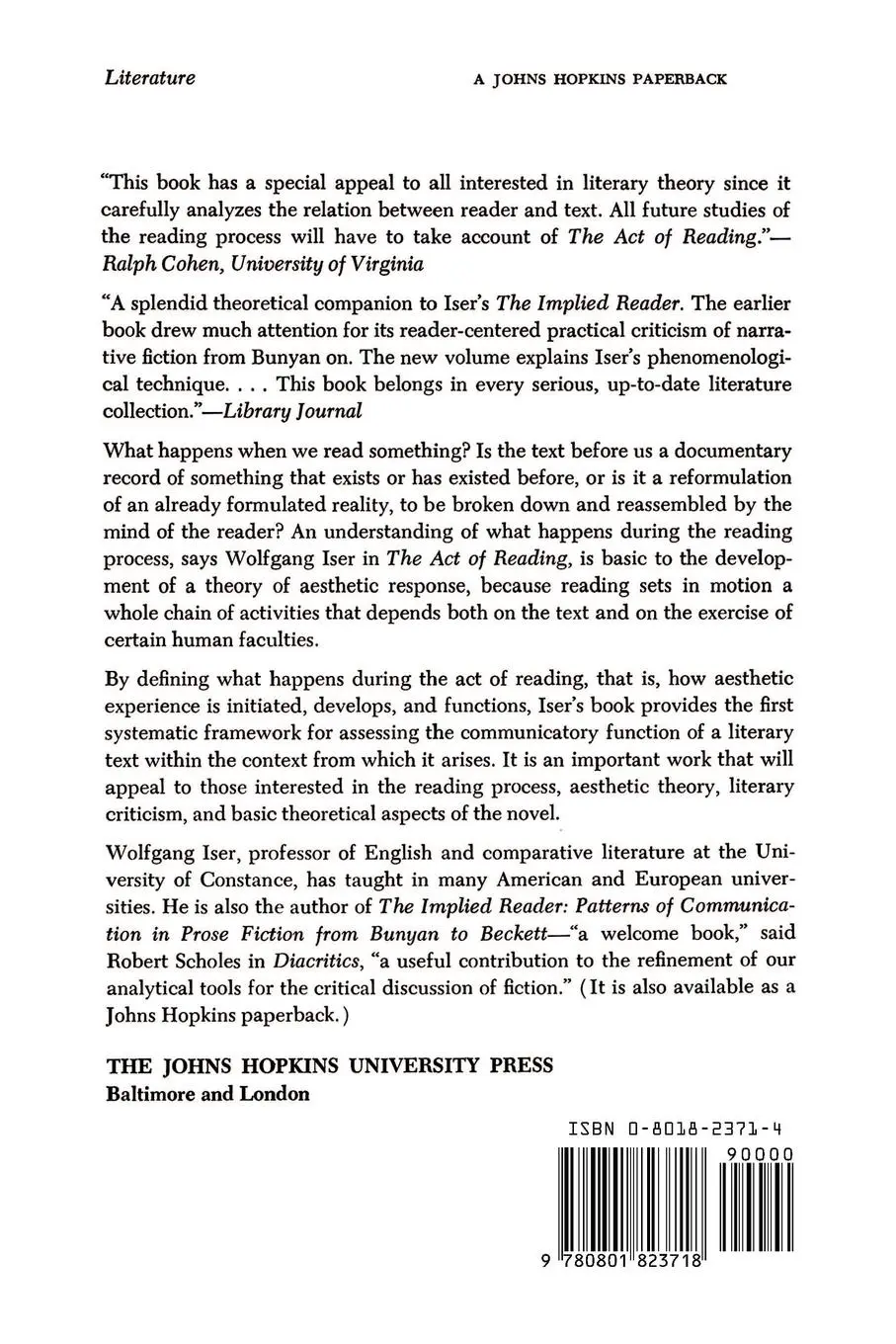 Rückseite: 9780801823718 | The Act of Reading | A Theory of Aesthetic Response | Wolfgang Iser