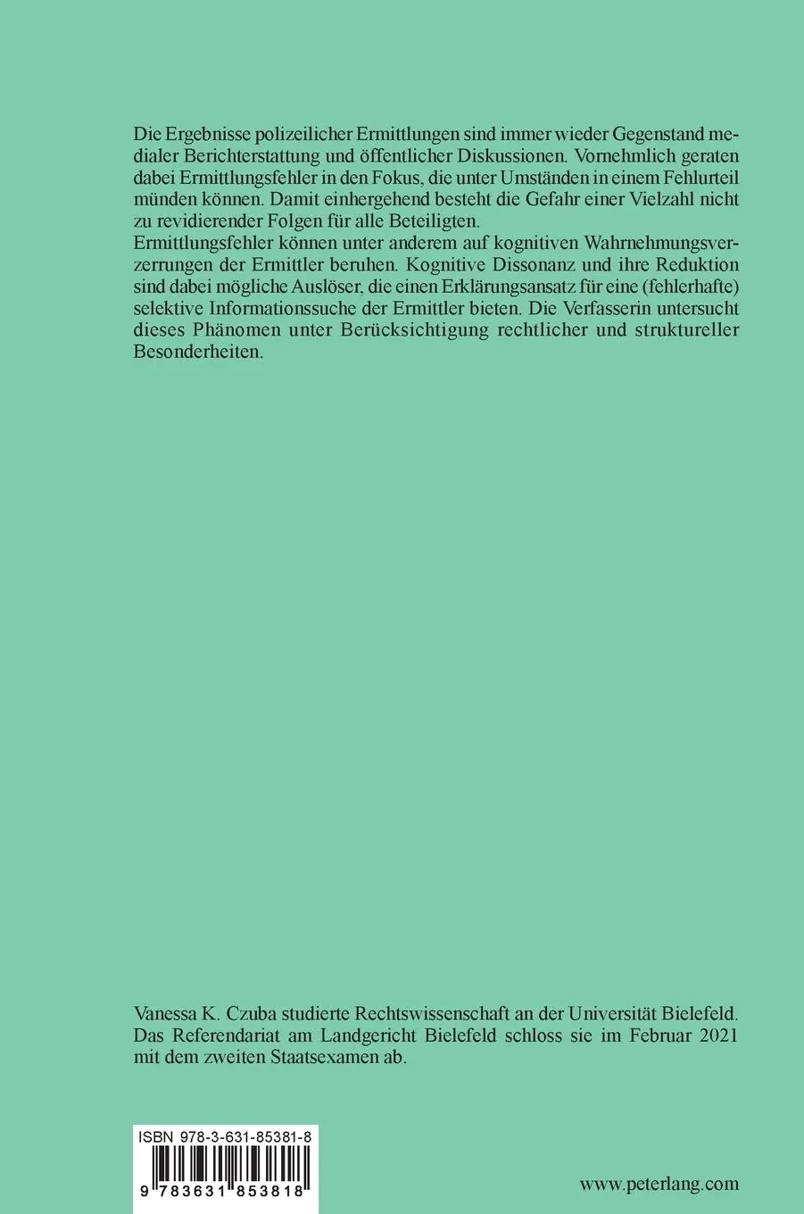 Rückseite: 9783631853818 | Fehlerquellen im Ermittlungsverfahren ¿ ein rechtspsychologischer...