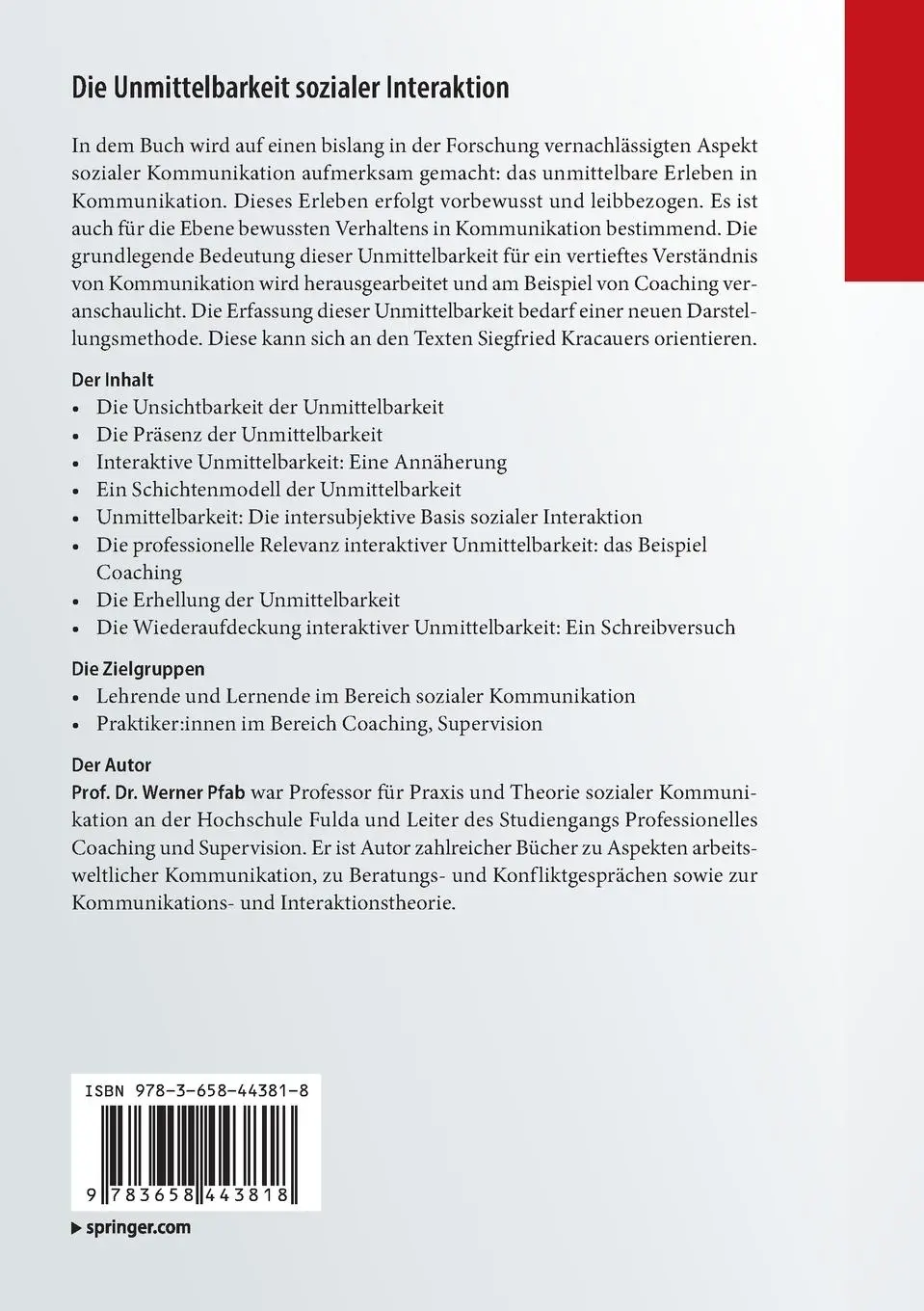 Rückseite: 9783658443818 | Die Unmittelbarkeit sozialer Interaktion | Werner Pfab | Taschenbuch