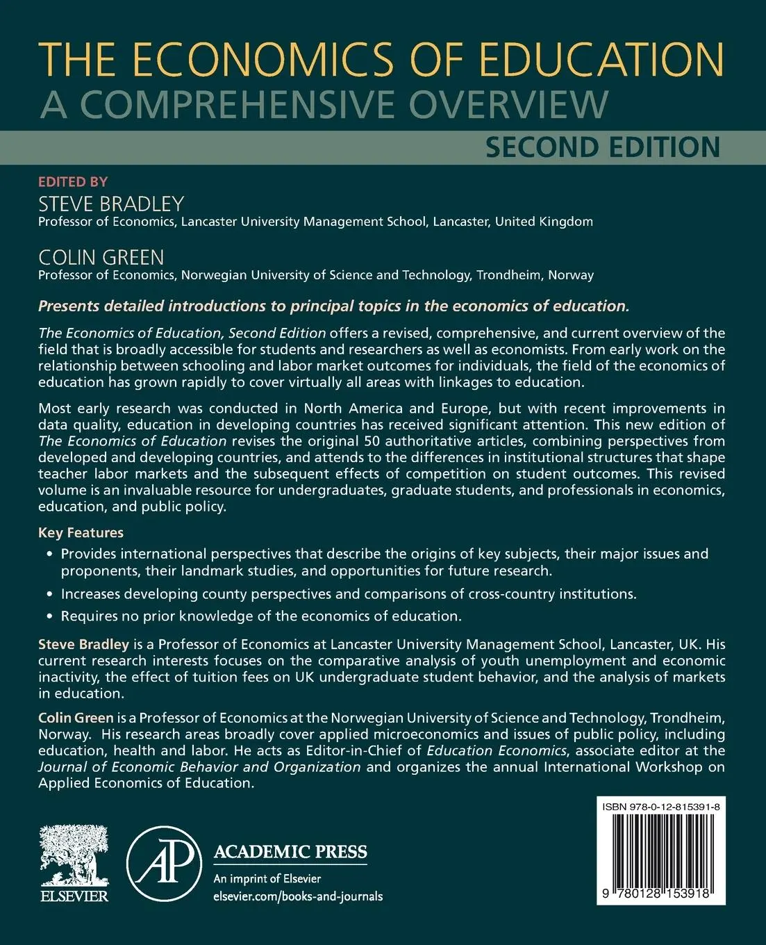 Rückseite: 9780128153918 | The Economics of Education | A Comprehensive Overview | Green (u. a.)