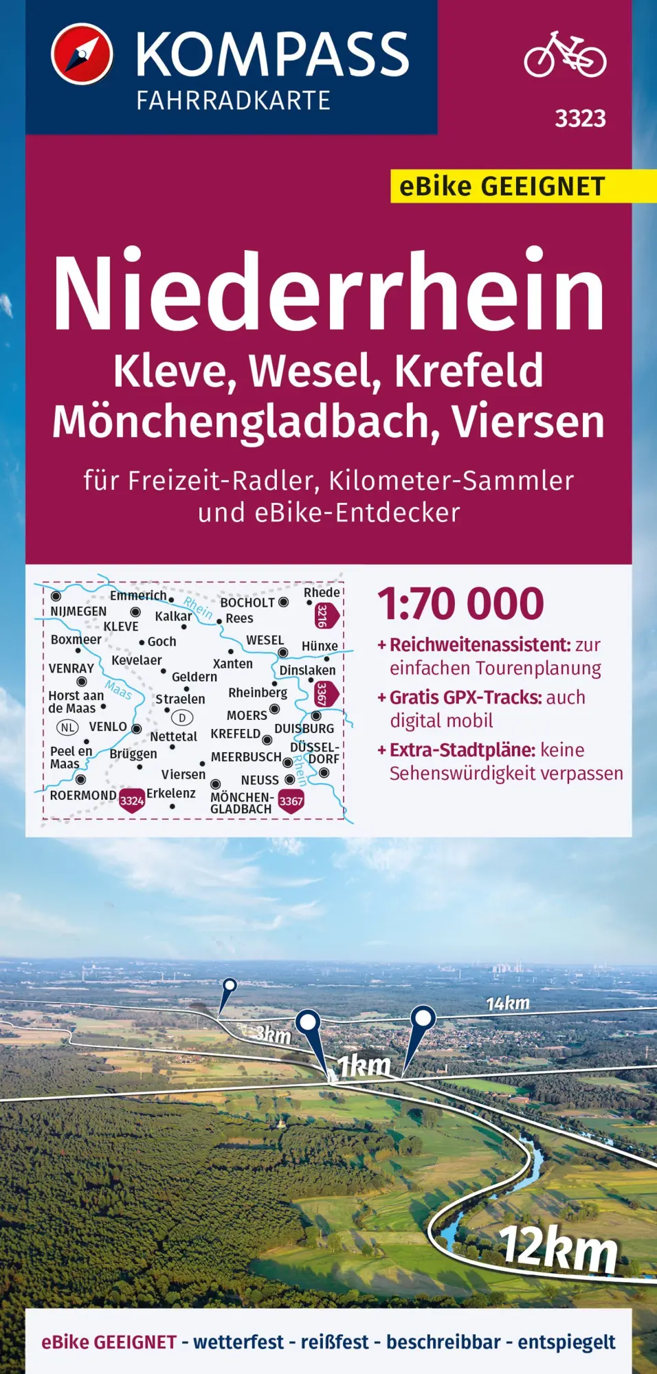 Cover: 9783991213918 | KOMPASS Fahrradkarte 3323 Niederrhein, Kleve, Wesel, Krefeld,...