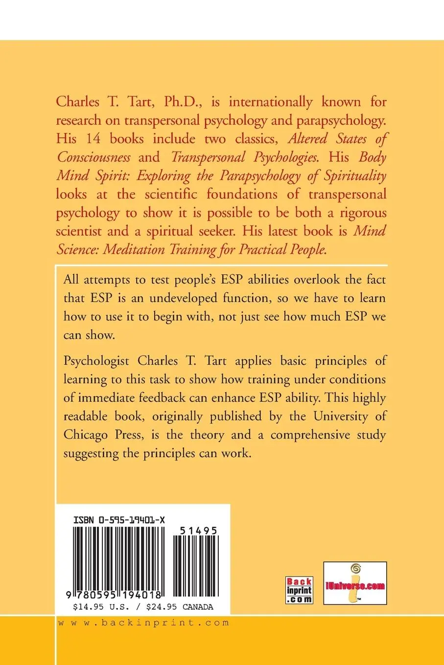 Rückseite: 9780595194018 | Learning to Use Extrasensory Perception | Charles T. Tart | Buch