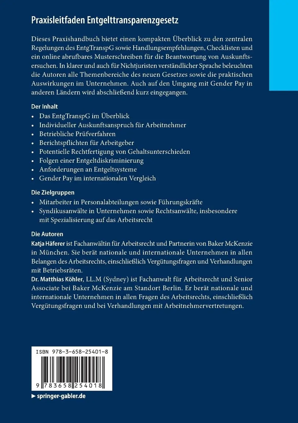 Rückseite: 9783658254018 | Praxisleitfaden Entgelttransparenzgesetz | Matthias Köhler (u. a.)