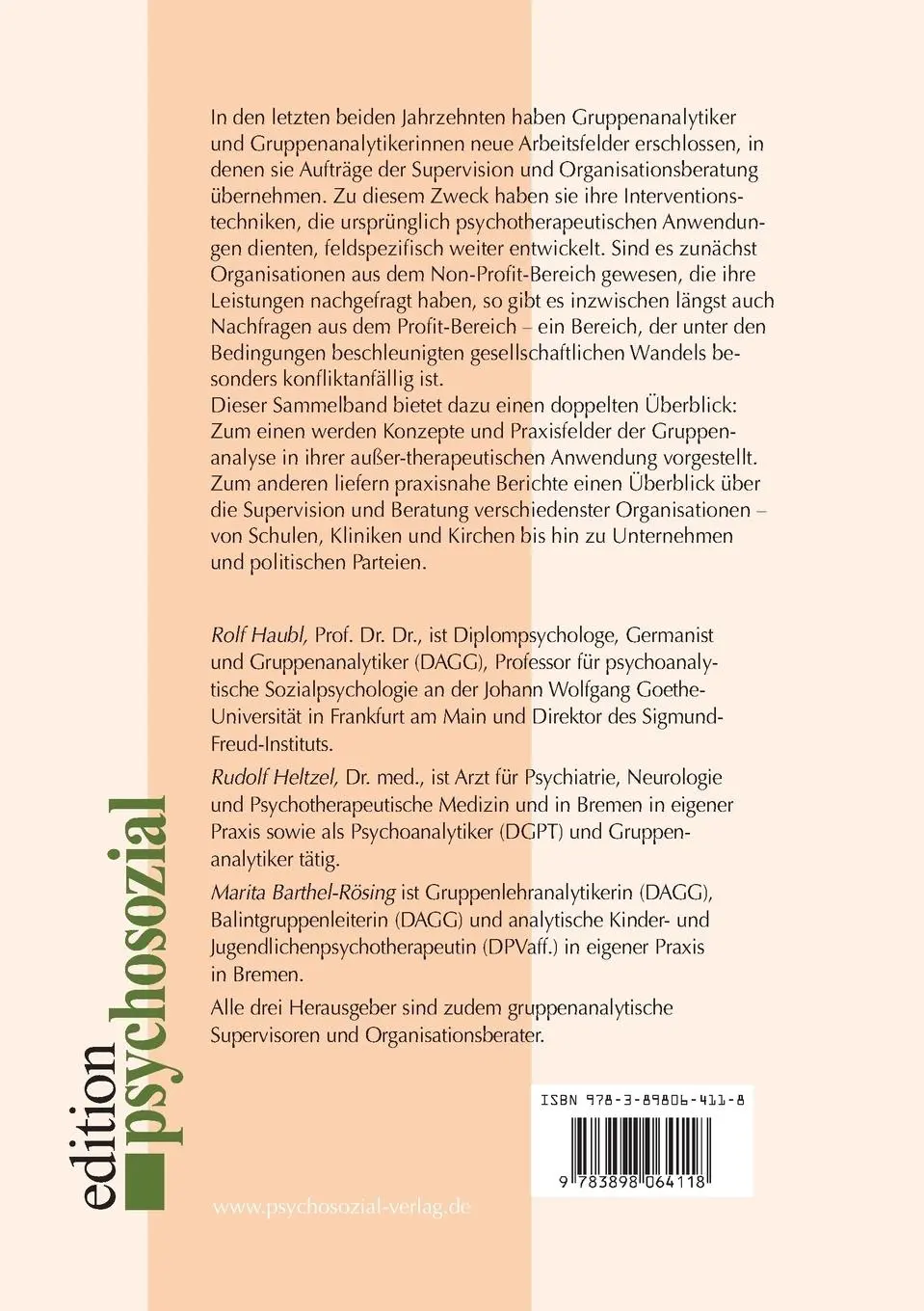 Rückseite: 9783898064118 | Gruppenanalytische Supervision und Organisationsberatung | Taschenbuch