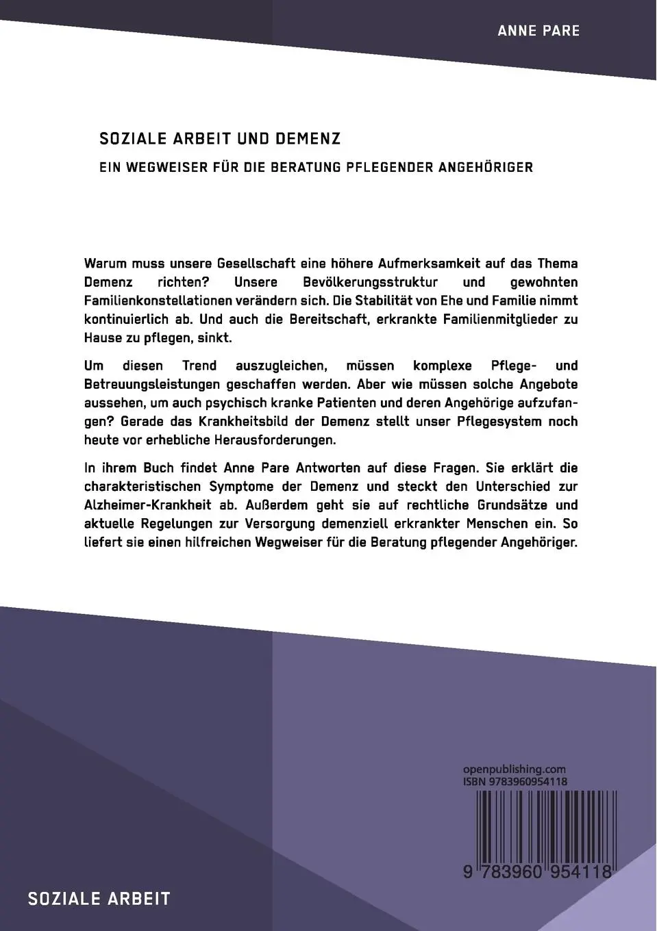 Rückseite: 9783960954118 | Soziale Arbeit und Demenz. Ein Wegweiser für die Beratung...
