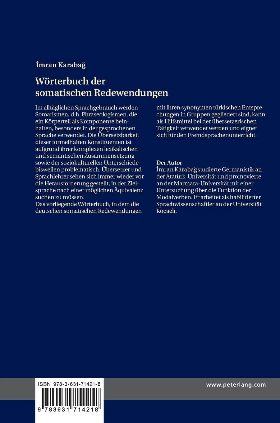 Rückseite: 9783631714218 | Wörterbuch der somatischen Redewendungen | Deutsch-Türkisch | Karaba¿